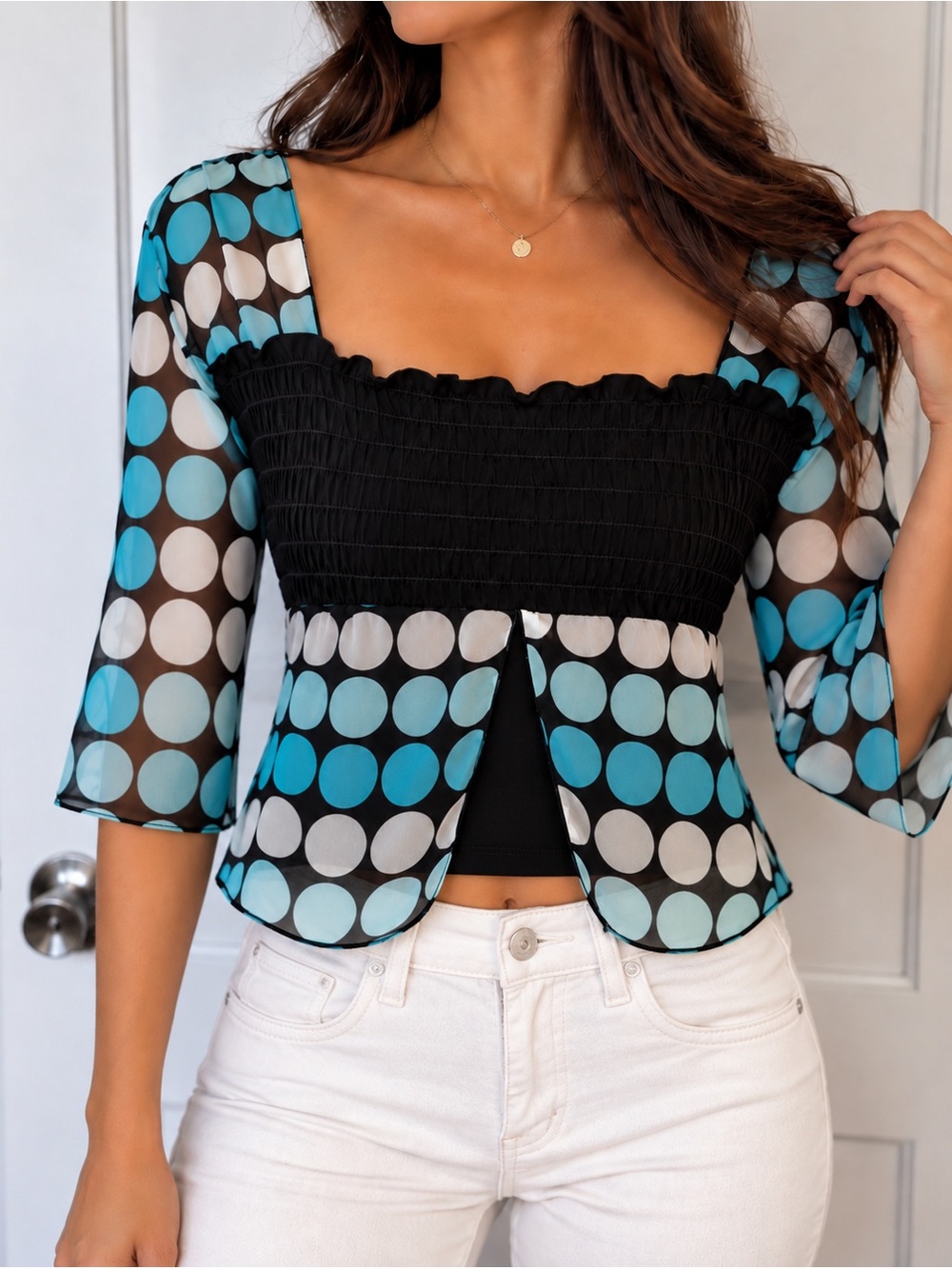 Black & Aqua Polka Dot Smocked Square Neck Top